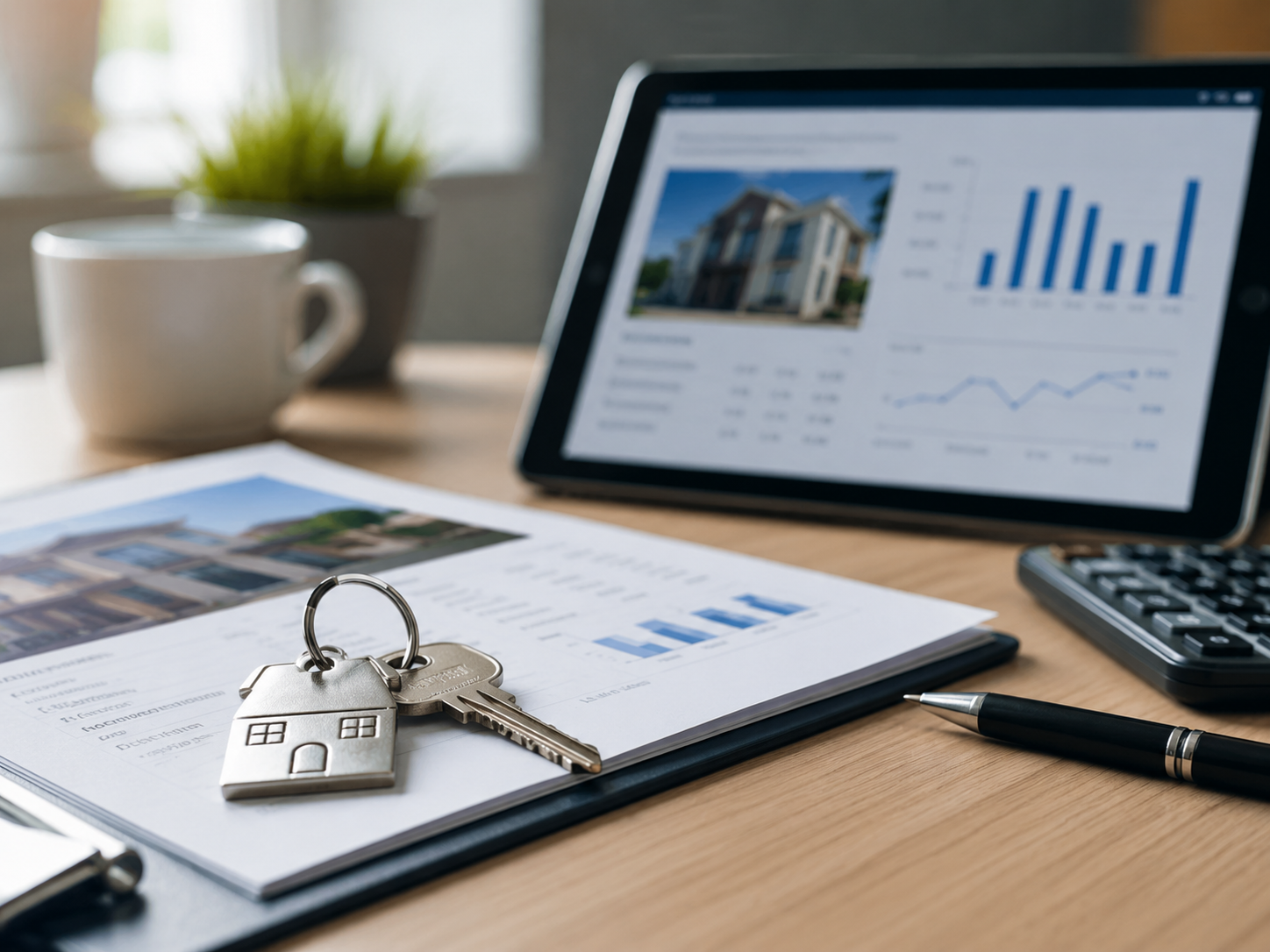 Property market reports, keys and data dashboard on a desk