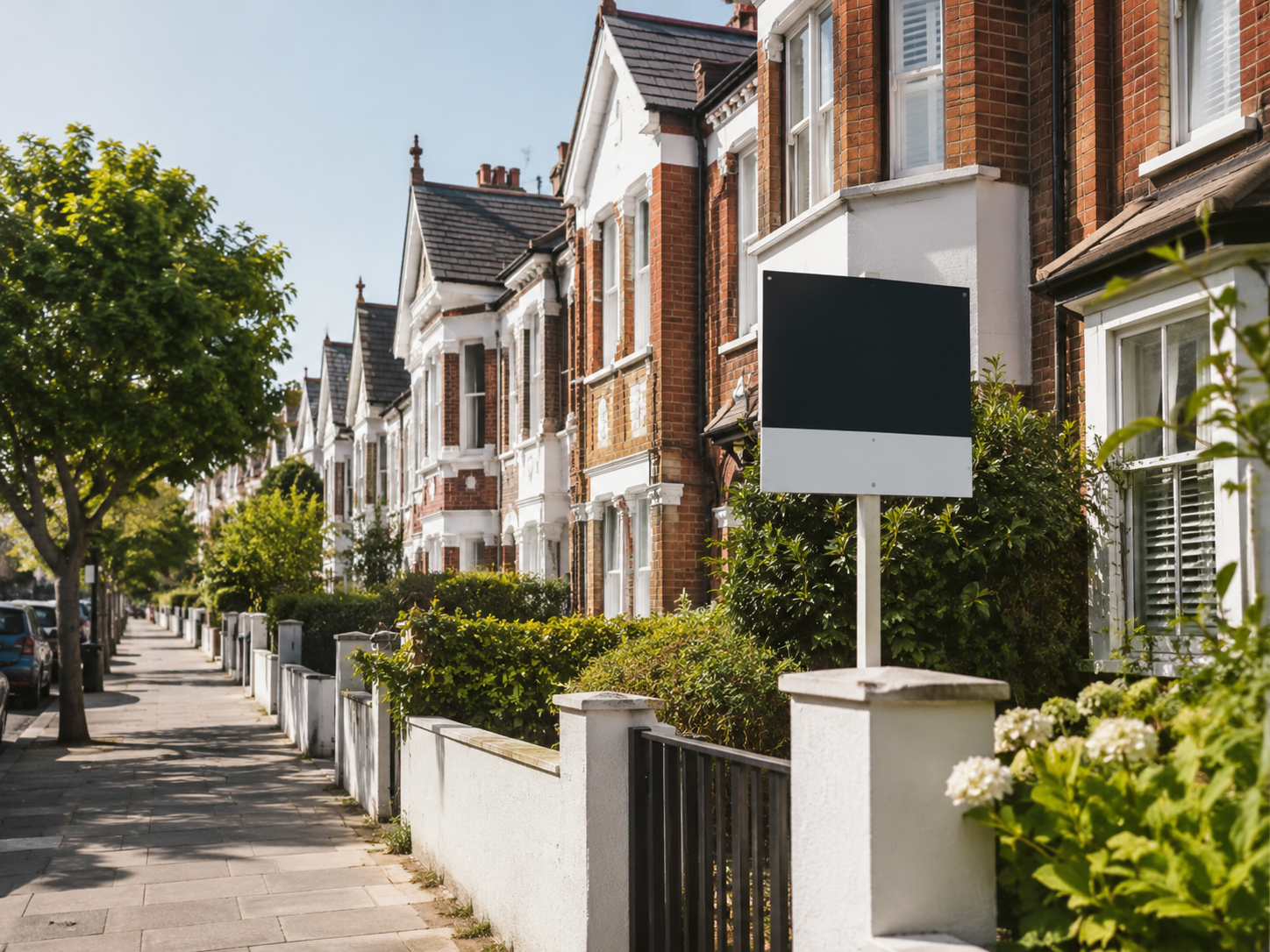 Residential street with traditional homes and an estate agency board